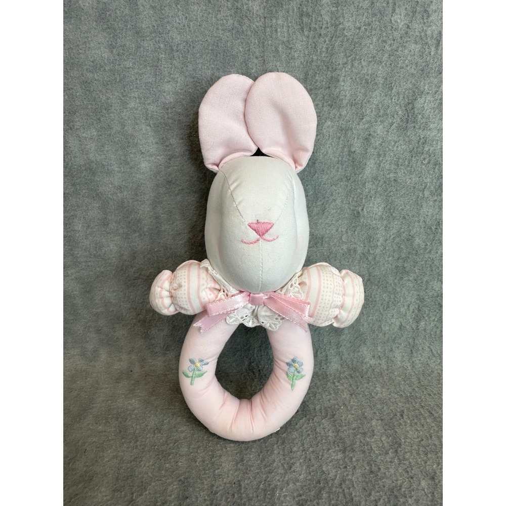 Vintage House of‎ Hatten Bunny Rattle Baby OS Pink Lace Embroidered Soft Ring
